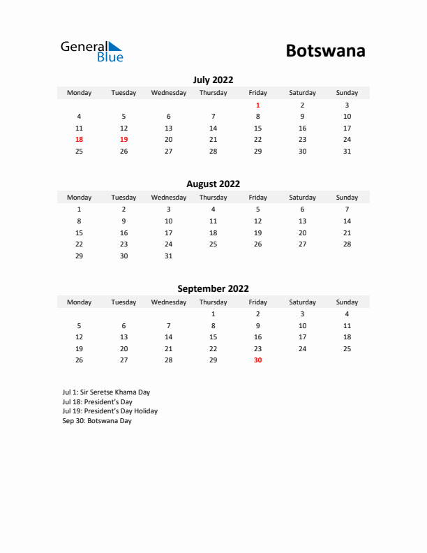 Printable Quarterly Calendar with Notes and Botswana Holidays- Q3 of 2022