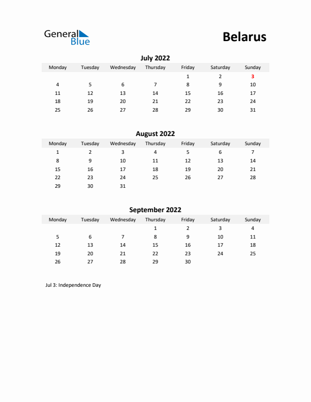 Printable Quarterly Calendar with Notes and Belarus Holidays- Q3 of 2022