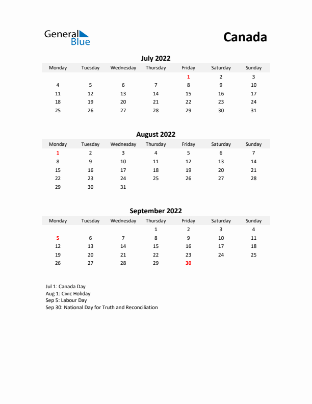 Printable Quarterly Calendar with Notes and Canada Holidays- Q3 of 2022