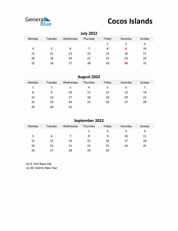 Printable Quarterly Calendar with Notes and Cocos Islands Holidays- Q3 of 2022