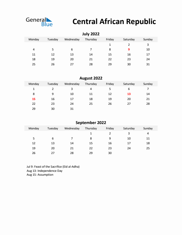 Printable Quarterly Calendar with Notes and Central African Republic Holidays- Q3 of 2022