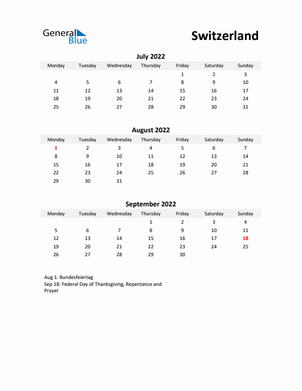 Printable Quarterly Calendar with Notes and Switzerland Holidays- Q3 of 2022