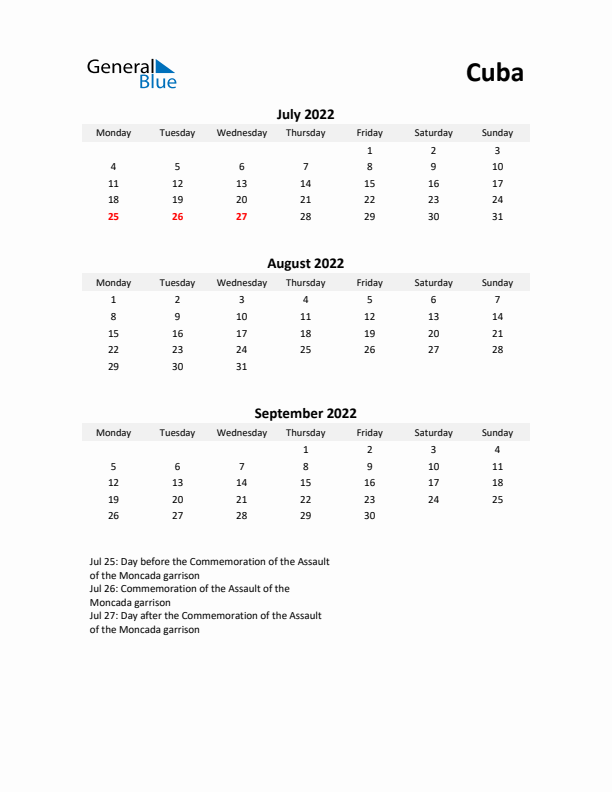 Printable Quarterly Calendar with Notes and Cuba Holidays- Q3 of 2022