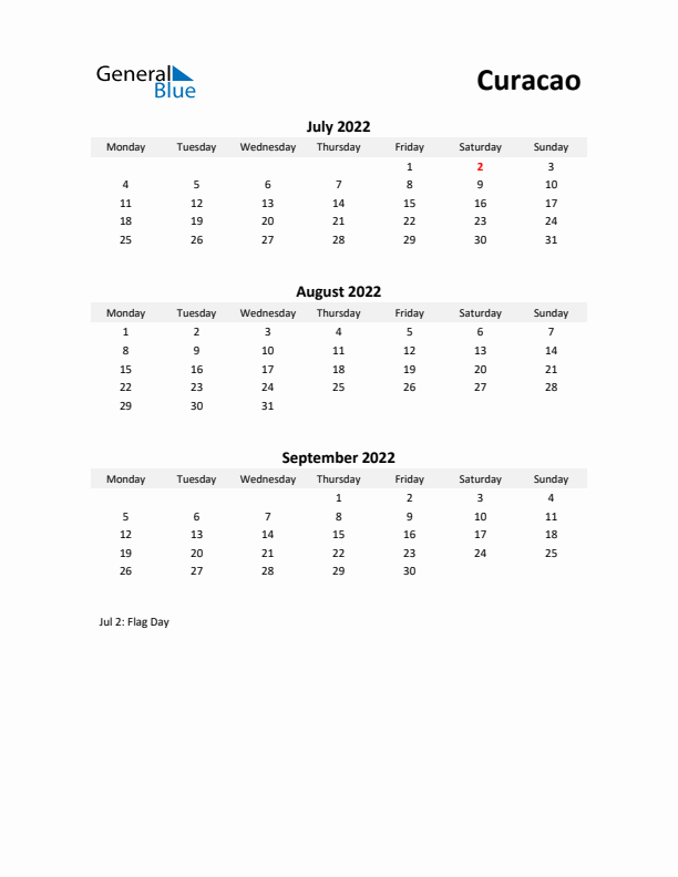 Printable Quarterly Calendar with Notes and Curacao Holidays- Q3 of 2022