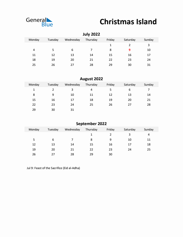 Printable Quarterly Calendar with Notes and Christmas Island Holidays- Q3 of 2022