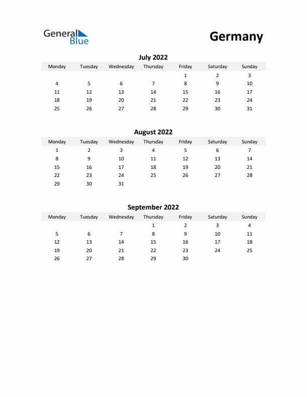 Printable Quarterly Calendar with Notes and Germany Holidays- Q3 of 2022