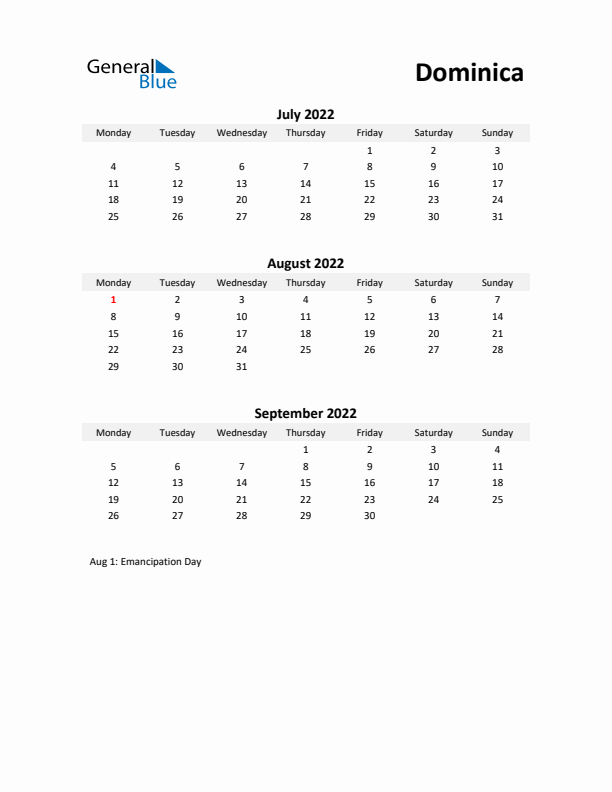 Printable Quarterly Calendar with Notes and Dominica Holidays- Q3 of 2022