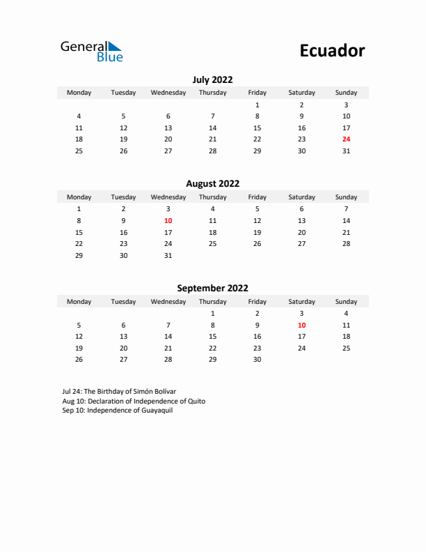 Printable Quarterly Calendar with Notes and Ecuador Holidays- Q3 of 2022