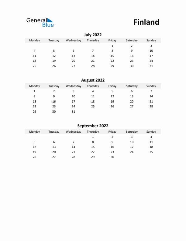 Printable Quarterly Calendar with Notes and Finland Holidays- Q3 of 2022