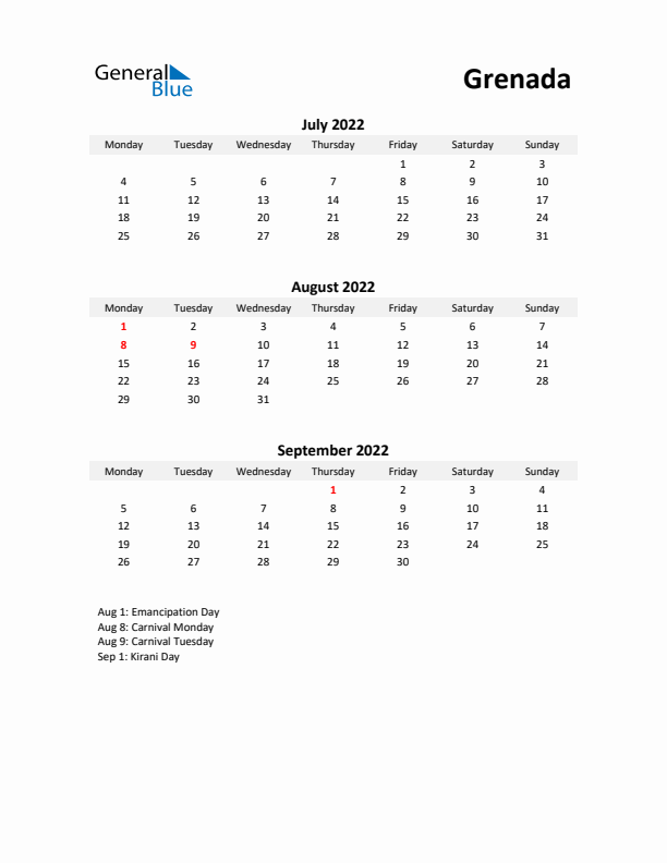 Printable Quarterly Calendar with Notes and Grenada Holidays- Q3 of 2022