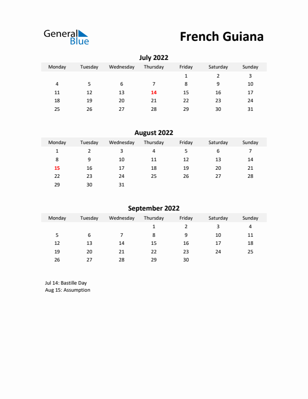 Printable Quarterly Calendar with Notes and French Guiana Holidays- Q3 of 2022