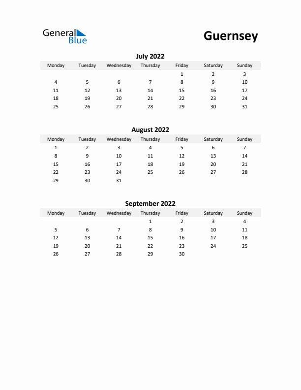 Printable Quarterly Calendar with Notes and Guernsey Holidays- Q3 of 2022