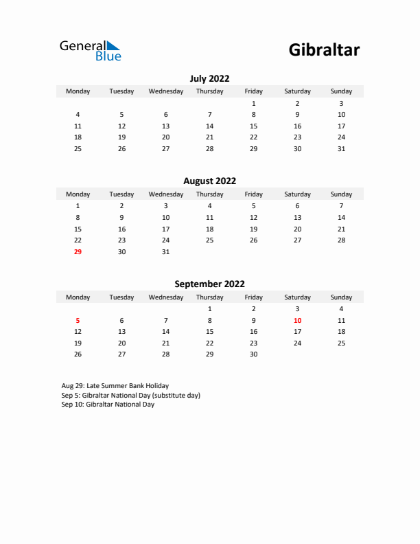 Printable Quarterly Calendar with Notes and Gibraltar Holidays- Q3 of 2022