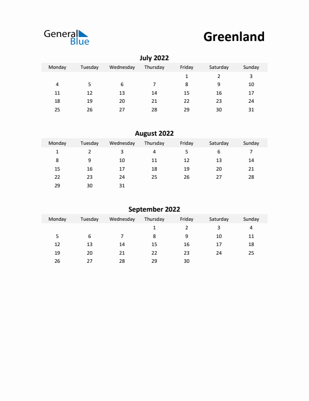 Printable Quarterly Calendar with Notes and Greenland Holidays- Q3 of 2022