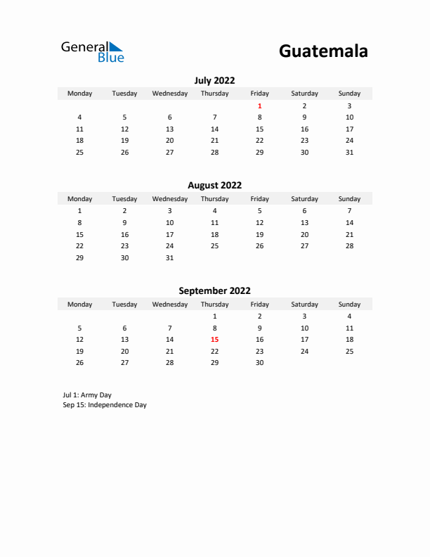 Printable Quarterly Calendar with Notes and Guatemala Holidays- Q3 of 2022