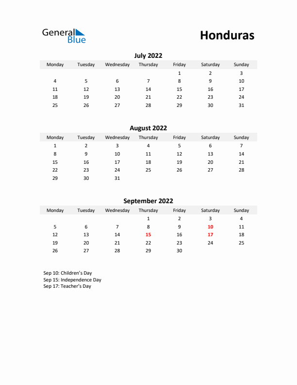 Printable Quarterly Calendar with Notes and Honduras Holidays- Q3 of 2022