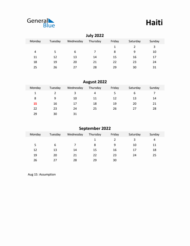 Printable Quarterly Calendar with Notes and Haiti Holidays- Q3 of 2022