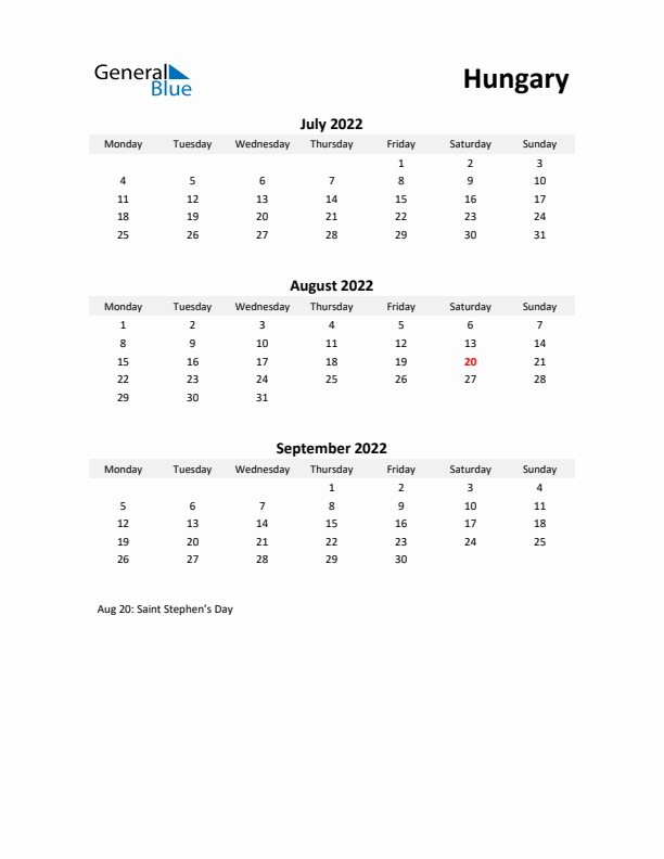 Printable Quarterly Calendar with Notes and Hungary Holidays- Q3 of 2022