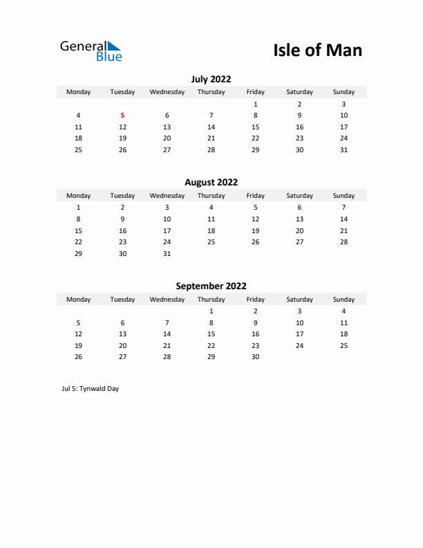 Printable Quarterly Calendar with Notes and Isle of Man Holidays- Q3 of 2022