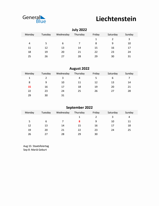 Printable Quarterly Calendar with Notes and Liechtenstein Holidays- Q3 of 2022