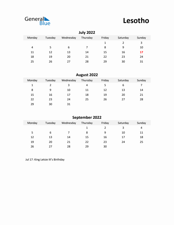 Printable Quarterly Calendar with Notes and Lesotho Holidays- Q3 of 2022