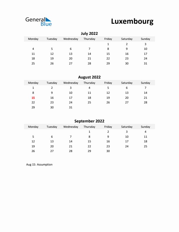 Printable Quarterly Calendar with Notes and Luxembourg Holidays- Q3 of 2022