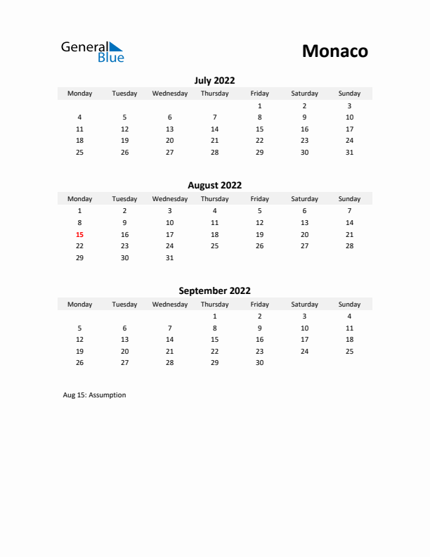 Printable Quarterly Calendar with Notes and Monaco Holidays- Q3 of 2022