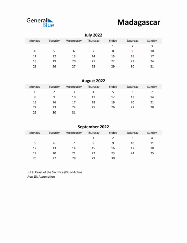 Printable Quarterly Calendar with Notes and Madagascar Holidays- Q3 of 2022