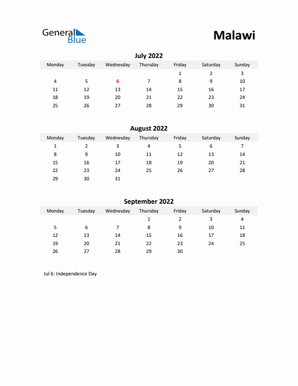 Printable Quarterly Calendar with Notes and Malawi Holidays- Q3 of 2022