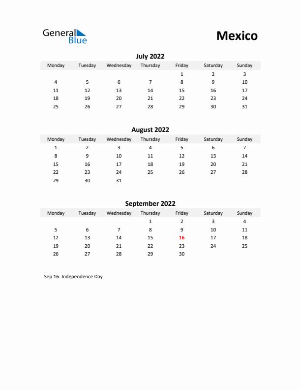 Printable Quarterly Calendar with Notes and Mexico Holidays- Q3 of 2022