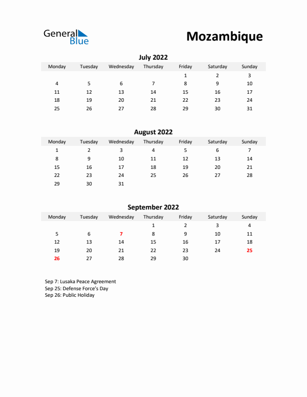 Printable Quarterly Calendar with Notes and Mozambique Holidays- Q3 of 2022