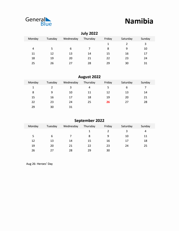 Printable Quarterly Calendar with Notes and Namibia Holidays- Q3 of 2022