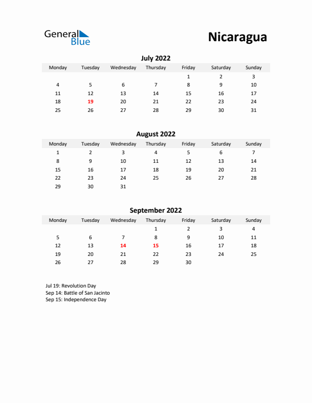 Printable Quarterly Calendar with Notes and Nicaragua Holidays- Q3 of 2022