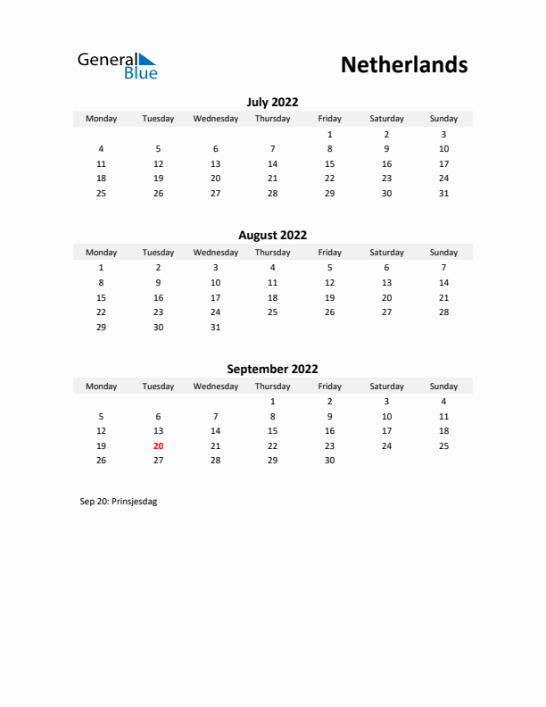 Printable Quarterly Calendar with Notes and The Netherlands Holidays- Q3 of 2022