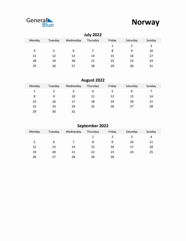 Printable Quarterly Calendar with Notes and Norway Holidays- Q3 of 2022