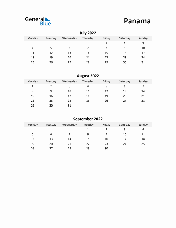 Printable Quarterly Calendar with Notes and Panama Holidays- Q3 of 2022