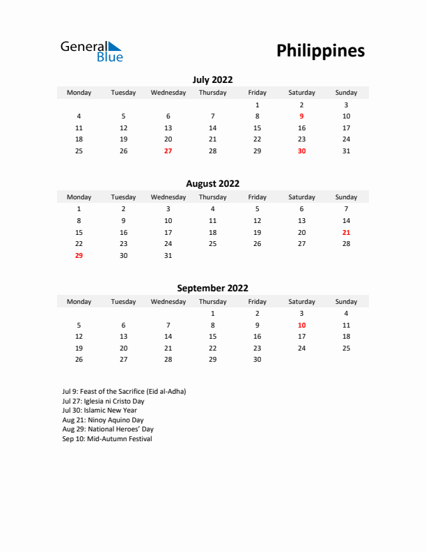 Printable Quarterly Calendar with Notes and Philippines Holidays- Q3 of 2022