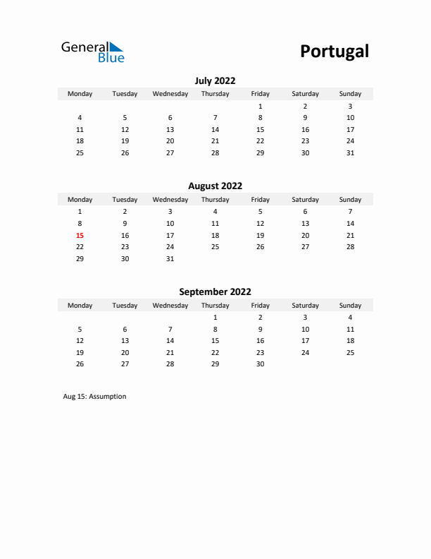 Printable Quarterly Calendar with Notes and Portugal Holidays- Q3 of 2022