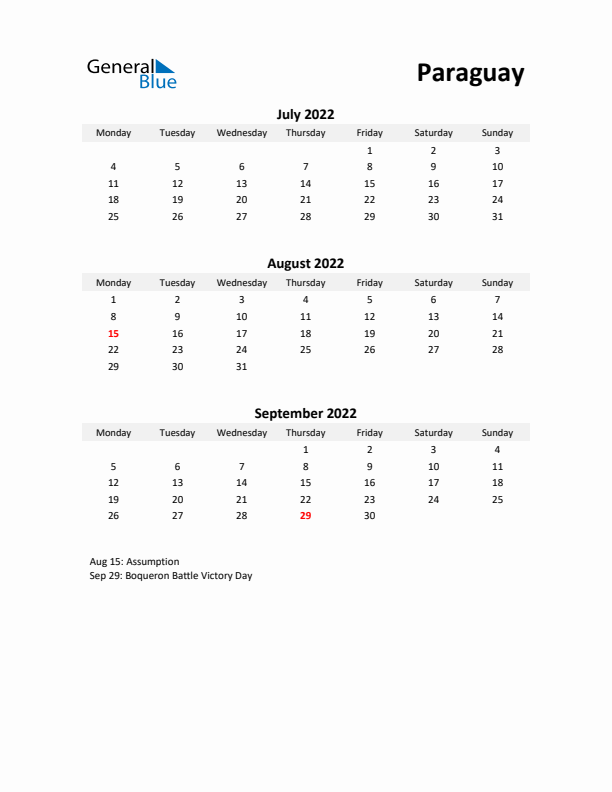 Printable Quarterly Calendar with Notes and Paraguay Holidays- Q3 of 2022