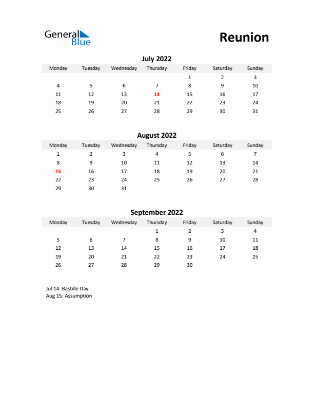 Printable Quarterly Calendar with Notes and Reunion Holidays- Q3 of 2022