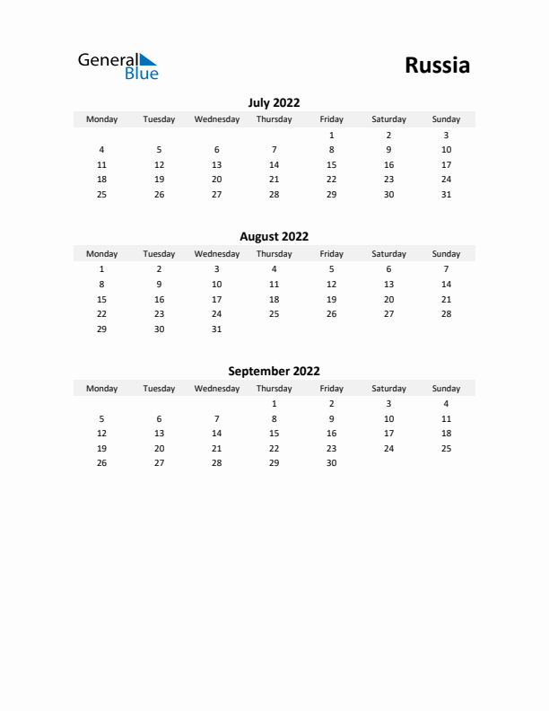 Printable Quarterly Calendar with Notes and Russia Holidays- Q3 of 2022