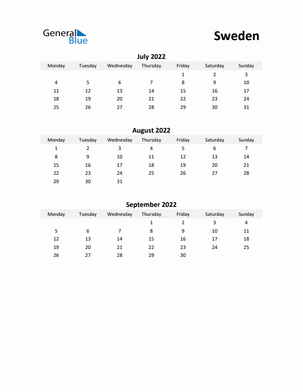 Printable Quarterly Calendar with Notes and Sweden Holidays- Q3 of 2022