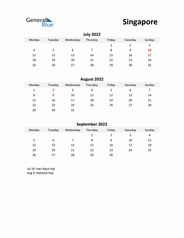 Printable Quarterly Calendar with Notes and Singapore Holidays- Q3 of 2022