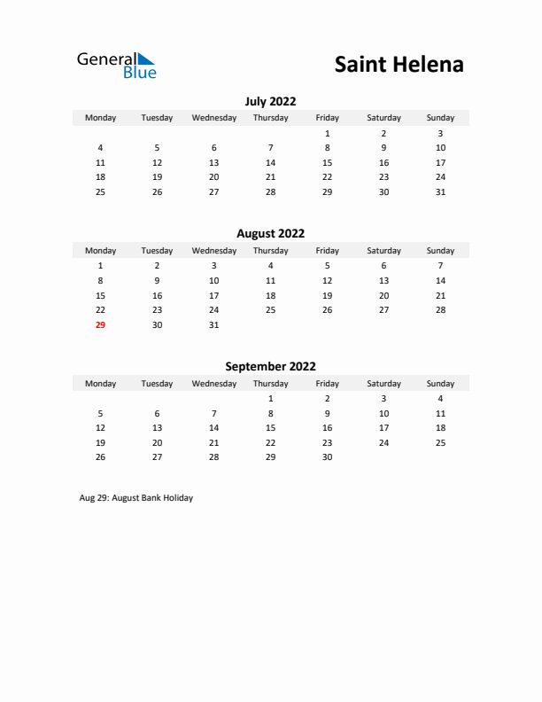 Printable Quarterly Calendar with Notes and Saint Helena Holidays- Q3 of 2022