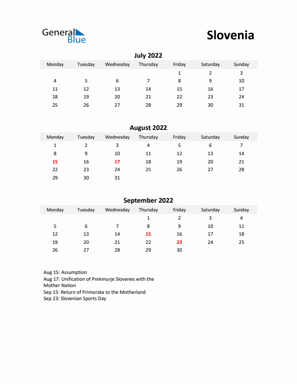 Printable Quarterly Calendar with Notes and Slovenia Holidays- Q3 of 2022