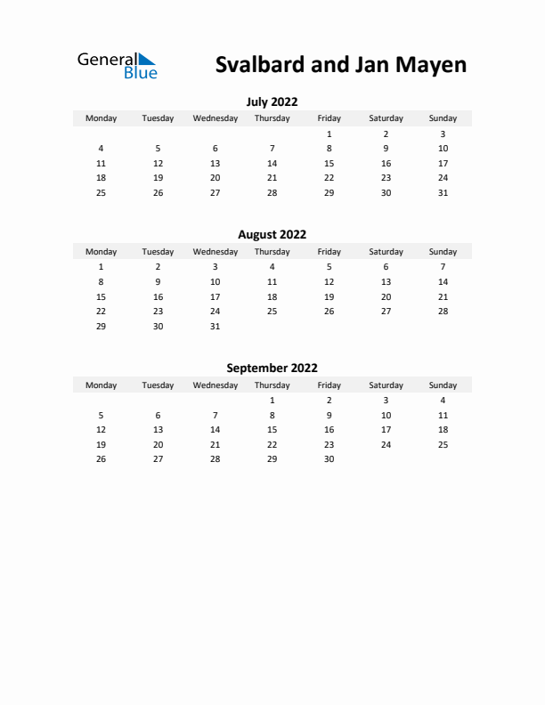 Printable Quarterly Calendar with Notes and Svalbard and Jan Mayen Holidays- Q3 of 2022