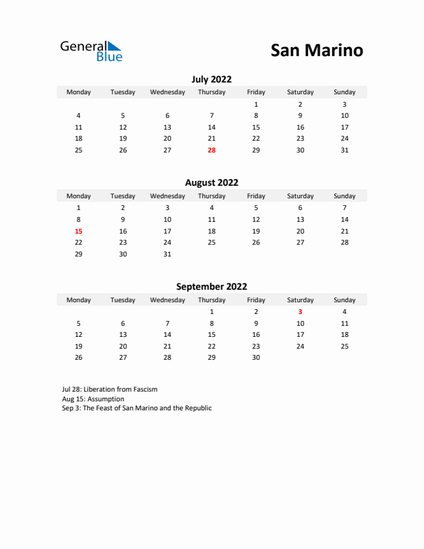 Printable Quarterly Calendar with Notes and San Marino Holidays- Q3 of 2022