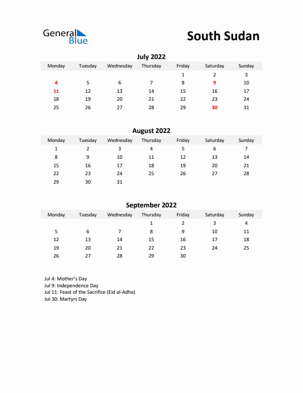 Printable Quarterly Calendar with Notes and South Sudan Holidays- Q3 of 2022