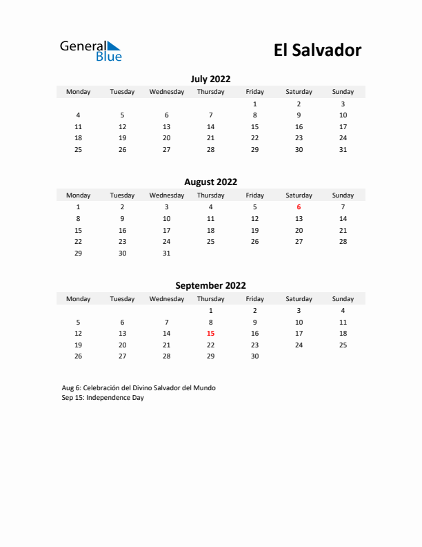 Printable Quarterly Calendar with Notes and El Salvador Holidays- Q3 of 2022