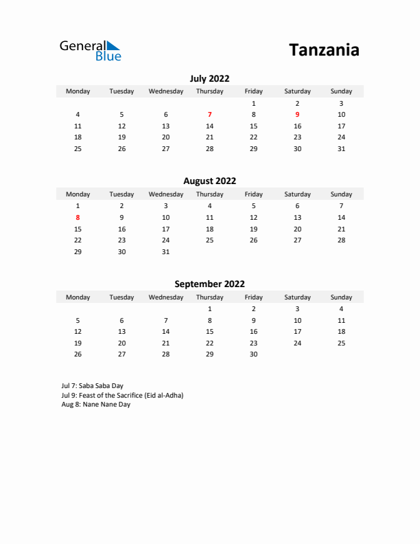 Printable Quarterly Calendar with Notes and Tanzania Holidays- Q3 of 2022